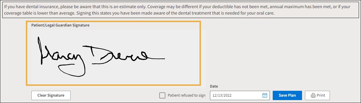 Treatment Plan Signature section with a yellow highlight around the Patient Signature box.